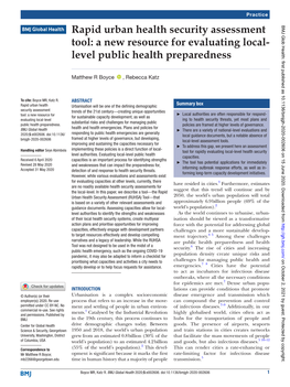Rapid Urban Health Security Assessment Tool: a New Resource for Evaluating Local-­ Level Public Health Preparedness