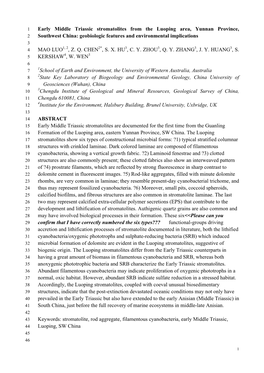 Early Middle Triassic Stromatolites from the Luoping Area, Yunnan Province, 2 Southwest China: Geobiologic Features and Environmental Implications 3 4 MAO LUO1, 2, Z