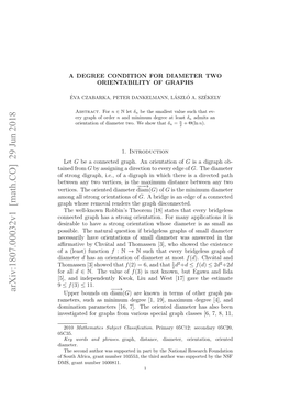 A DEGREE CONDITION for DIAMETER TWO ORIENTABILITY of GRAPHS3 Variable Xxy to Be 1 If We Have No Directed 2-Path from X to Y, and 0 If There Is Such a Path