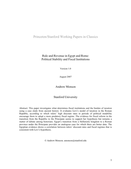 Rule and Revenue in Egypt and Rome: Political Stability and Fiscal Institutions