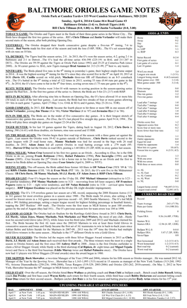 BALTIMORE ORIOLES GAME NOTES Oriole Park at Camden Yards  333 West Camden Street  Baltimore, MD 21201