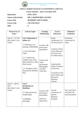 STELLA MARIS COLLEGE (AUTONOMOUS), CHENNAI Course Schedule – June to November 2015 Department : FINE ARTS Name/S of the Faculty : DR