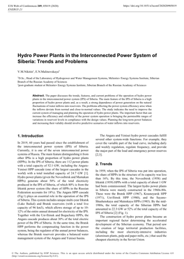 Hydro Power Plants in the Interconnected Power System of Siberia: Trends and Problems