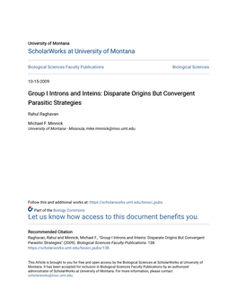 Group I Introns and Inteins: Disparate Origins but Convergent Parasitic Strategies