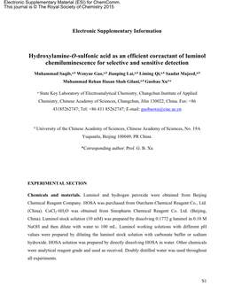 Hydroxylamine-O-Sulfonic Acid As an Efficient Coreactant of Luminol Chemiluminescence for Selective and Sensitive Detection