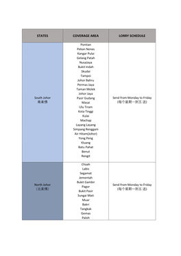 States Coverage Area Lorry Schedule