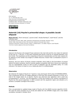 Asteroid (16) Psyche's Primordial Shape: a Possible Jacobi Ellipsoid