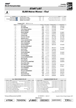 START LIST 10,000 Metres Women - Final