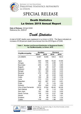 Special Release Death Statistics 2019 La Union.Pdf