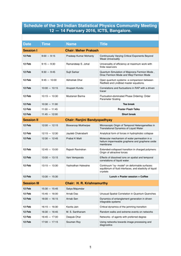 Schedule of the 3Rd Indian Statistical Physics Community Meeting 12 — 14 February 2016, ICTS, Bangalore