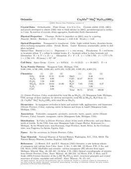 Orientite Ca2mn Mn2 Si3o10(OH)4 C 2001 Mineral Data Publishing, Version 1.2 ° Crystal Data: Orthorhombic