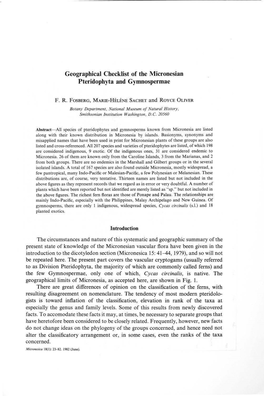 Geographical Checklist of the Micronesian Pteridophyta and Gymoospermae