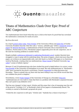 Titans of Mathematics Clash Over Epic Proof of ABC Conjecture