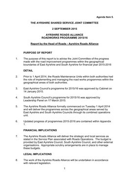 East Ayrshire Council’S Programme for 2015/16 Was Approved by Cabinet on 14 January 2015