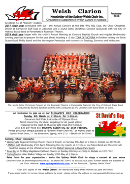 Welsh Clarion February July, 2006 2009 Newsletter of the Sydney Welsh Choir Inc