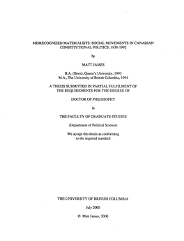 Social Movements Ln Canadian Constitutional Politics, 1938-1992
