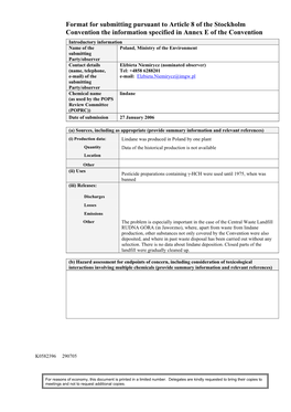 Format for Submitting Pursuant to Article 8 of the Stockholm