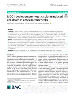 MDC1 Depletion Promotes Cisplatin Induced Cell Death in Cervical Cancer Cells Neeru Singh2, Rashmi Bhakuni2, Dimple Chhabria2 and Sivapriya Kirubakaran1*