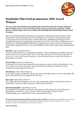 Stockholm Film Festival Announces 2016 Award Winners