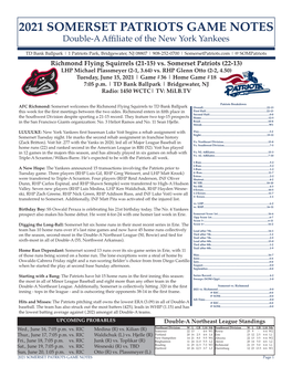 2021 SOMERSET PATRIOTS GAME NOTES Double-A Affiliate of the New York Yankees