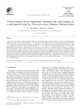 Critical Thermal Limits, Temperature Tolerance and Water Balance of a Sub-Antarctic Kelp Fly, Paractora Dreuxi