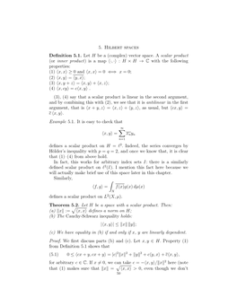 5. Hilbert Spaces Definition 5.1. Let H Be a (Complex) Vector Space. a Scalar Product