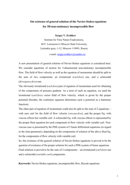 On Existence of General Solution of the Navier-Stokes Equations for 3D Non-Stationary Incompressible Flow