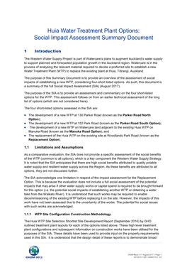 Huia Water Treatment Plant Options: Social Impact Assessment Summary Document