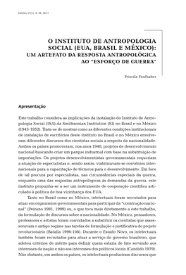 O Instituto De Antropologia Social (EUA, Brasil E México): Um Artefato Da Resposta Antropológica Ao “Esforço De Guerra”