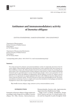 Antitumor and Immunomodulatory Activity of Inonotus Obliquus