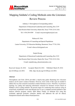 Mapping Saldaňa's Coding Methods Onto the Literature Review Process