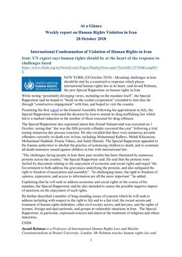At a Glance Weekly Report on Human Rights Violation in Iran 28 October 2018