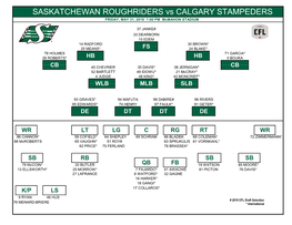 SASKATCHEWAN ROUGHRIDERS Vs CALGARY STAMPEDERS FRIDAY, MAY 31, 2019 7:00 PM Mcmahon STADIUM