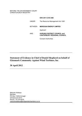 Statement of Evidence in Chief of Daniel Shepherd on Behalf of Glenmark Community Against Wind Turbines, Inc 30 April 2012