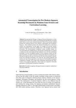 Automated Transcription for Pre-Modern Japanese Kuzushiji Documents by Random Lines Erasure and Curriculum Learning