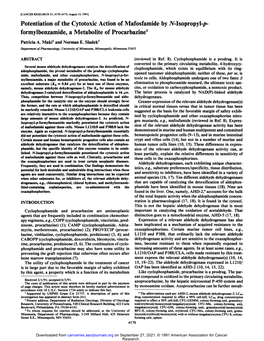 Potentiation of the Cytotoxic Action of Mafosfamide by Jv-Isopropyl-/;- Formylbenzamide, a Metabolite of Procarbazine1