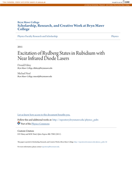 Excitation of Rydberg States in Rubidium with Near Infrared Diode Lasers Donald Fahey Bryn Mawr College, Dfahey@Brynmawr.Edu