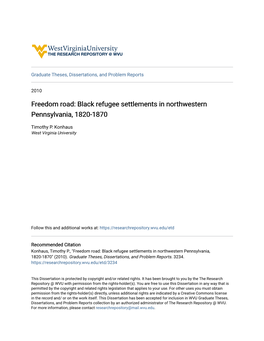 Freedom Road: Black Refugee Settlements in Northwestern Pennsylvania, 1820-1870