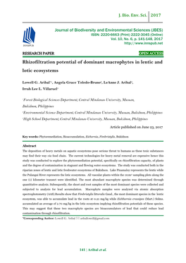 Rhizofiltration Potential of Dominant Macrophytes in Lentic and Lotic Ecosystems