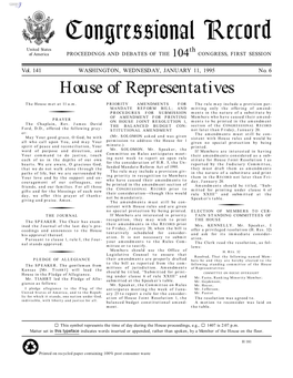 Congressional Record United States Th of America PROCEEDINGS and DEBATES of the 104 CONGRESS, FIRST SESSION