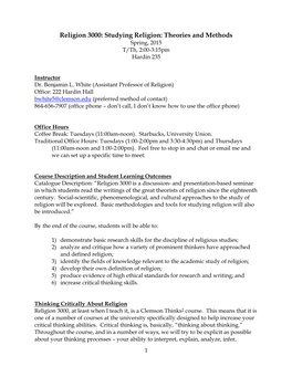 Religion 3000: Studying Religion: Theories and Methods Spring, 2015 T/Th, 2:00-3:15Pm Hardin 235