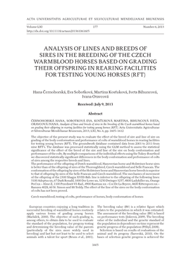 Analysis of Lines and Breeds of Sires in the Breeding of the Czech Warmblood Horses Based on Grading Their Offspring in Rearing Facilities