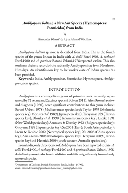 Amblyopone Boltoni, a New Ant Species (Hymenoptera: Formicidae) from India by Himender Bharti1 & Aijaz Ahmad Wachkoo ABSTRACT Amblyopone Boltoni Sp