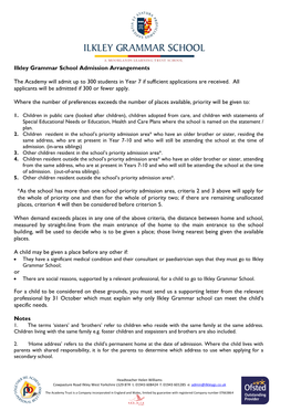 Ilkley Grammar School Admission Arrangements the Academy Will