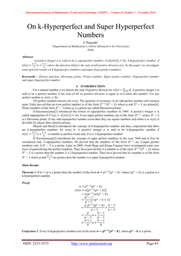 On K-Hyperperfect and Super Hyperperfect Numbers V Puneeth1 1Department of Mathematics, Christ (Deemed to Be University) India