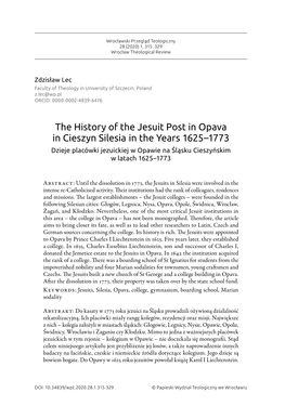 The History of the Jesuit Post in Opava in Cieszyn Silesia in the Years 1625–1773 Dzieje Placówki Jezuickiej W Opawie Na Śląsku Cieszyńskim W Latach 1625–1773