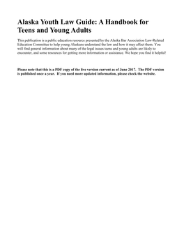 Alaska Youth Law Guide: a Handbook for Teens and Young Adults