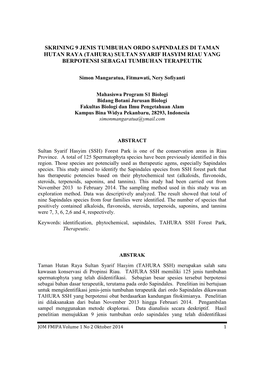 Skrining 9 Jenis Tumbuhan Ordo Sapindales Di Taman Hutan Raya (Tahura) Sultan Syarif Hasyim Riau Yang Berpotensi Sebagai Tumbuhan Terapeutik