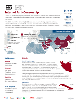 Internet Anti-Censorship 2015 Budget Across Our Broadcasting Regions, Governments Seek to Repress Or Withhold News and Information from Their Citizens