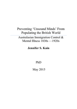 Unsound Minds’ from Populating the British World Australasian Immigration Control & Mental Illness 1830S —1920S